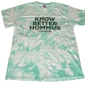 CEDAR’S KNOW BETTER HUMMUS TEAL TIE DYE COTTON TEE SHIRT SIZE MEDIUM